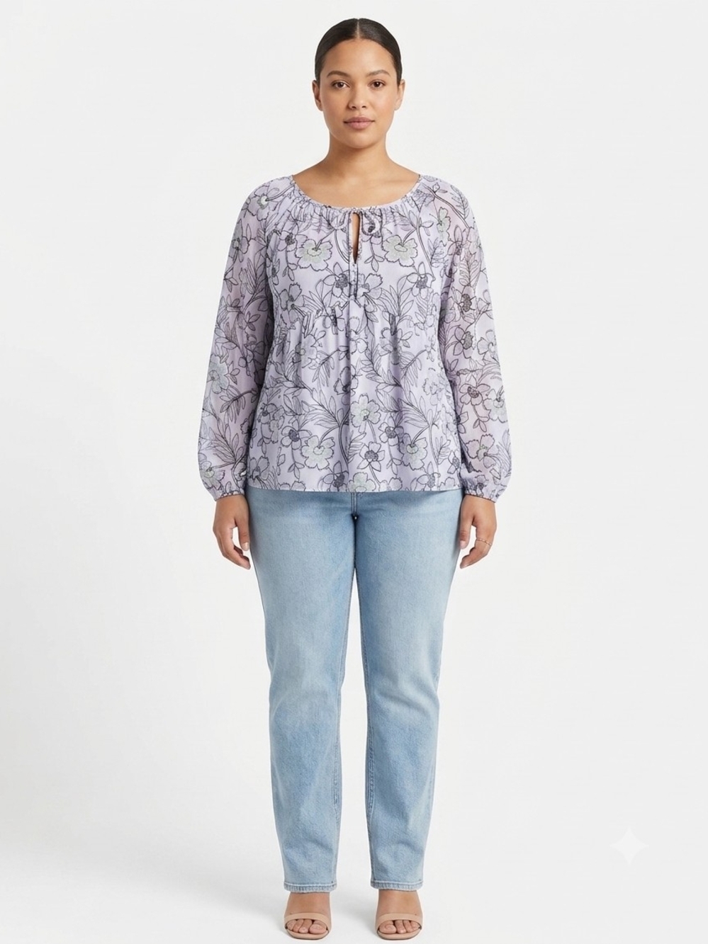 Vera Wang Lavender Floral Tie-Neck Blouse